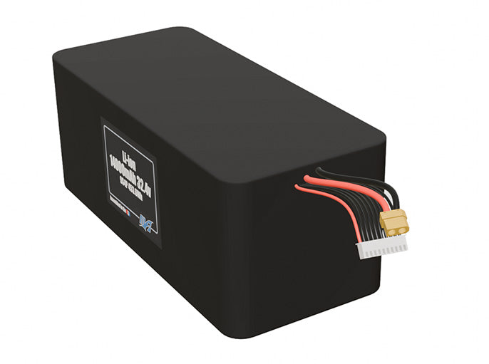 Angled product render of the 14000mAh 36-cell Lithium-ion pack. A lightweight energy source for UAV, drone, and robotic builds.