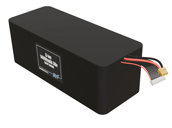 Angled product render of the 14000mAh 40-cell Lithium-ion pack. A lightweight energy source for UAV, drone, and robotic builds.