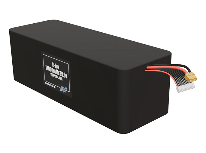 Angled product render of the 14000mAh 44-cell Lithium-ion pack. A lightweight energy source for UAV, drone, and robotic builds.