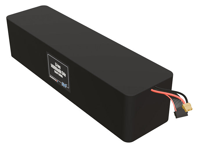 Angled product render of the 14000mAh 60-cell Lithium-ion pack. A lightweight energy source for UAV, drone, and robotic builds.