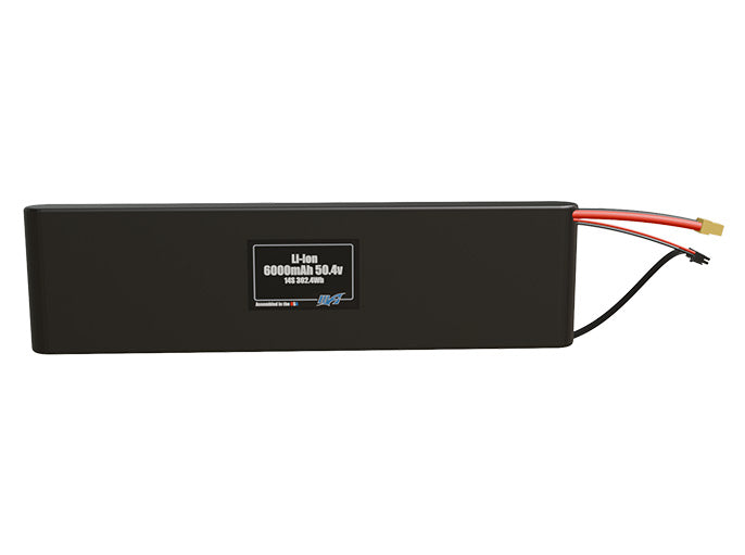 Front-facing render of the 50.4V 6000mAh 14S Li-ion battery, assembled in the USA by maxamps, for drone and robotics applications.
