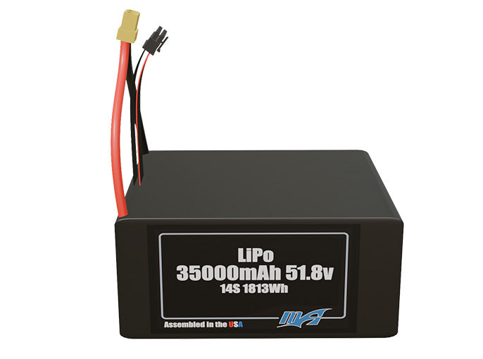 Front-facing render of the 51.8V 35000mAh 14S LiPo battery, assembled in the USA by maxamps, for drone and robotics applications.