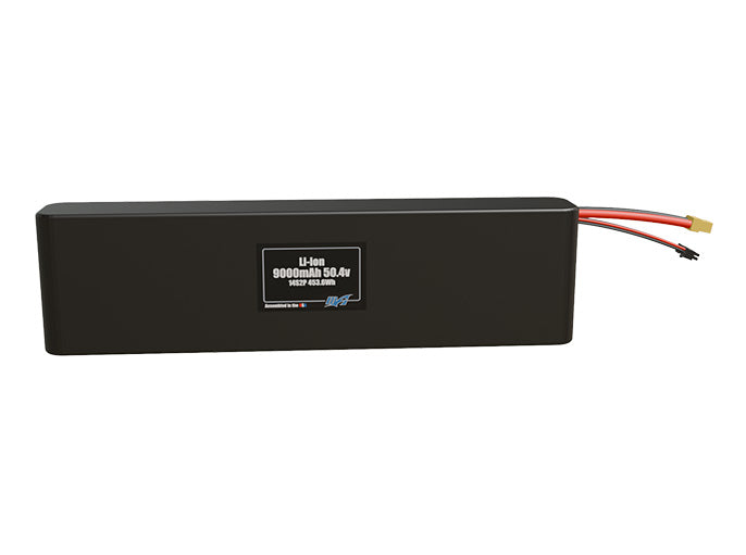 Front-facing render of the 50.4V 9000mAh 14S2P Li-ion battery, assembled in the USA by maxamps, for drone and robotics applications.