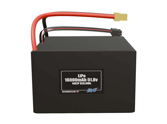 Front-facing render of the 51.8V 16000mAh 14S2P LiPo side-by-side battery, assembled in the USA by maxamps, for drone and robotics applications.