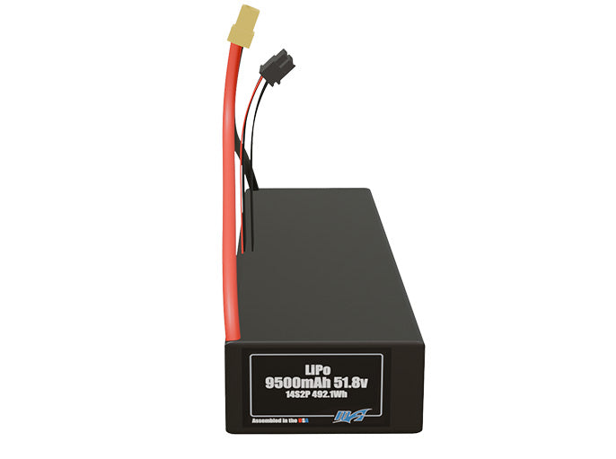 Front-facing render of the 51.8V 9500mAh 14S2P LiPo battery, assembled in the USA by maxamps, for drone and robotics applications.