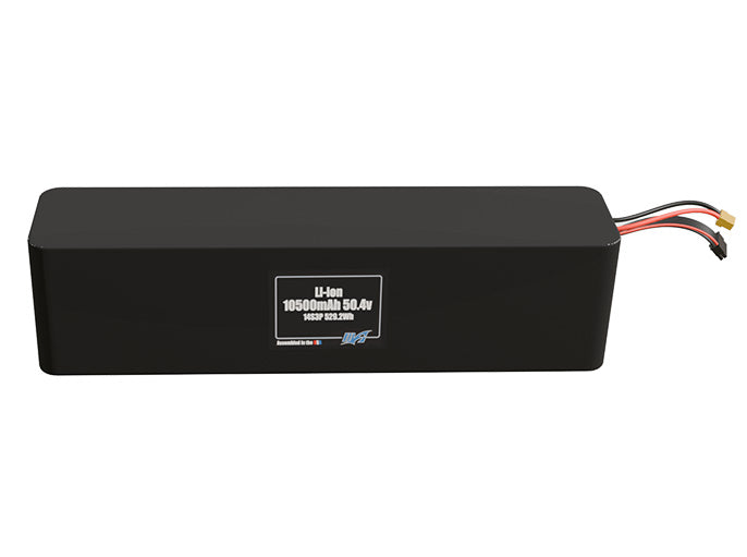Front-facing render of the 50.4V 10500mAh 14S3P Li-ion battery, assembled in the USA by maxamps, for drone and robotics applications.