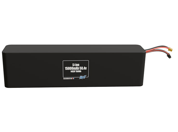 Front-facing render of the 50.4V 15000mAh 14S3P Lithium-Ion battery, assembled in the USA by maxamps, for drone and robotics applications.
