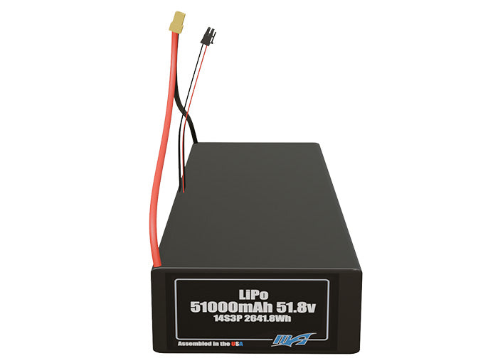 Front-facing render of the 51.8V 51000mAh 14S3P LiPo battery, assembled in the USA by maxamps, for drone and robotics applications.