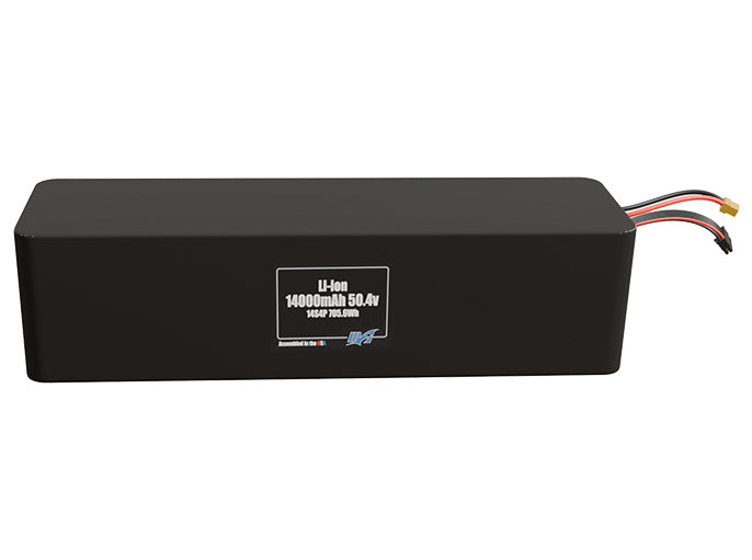 Front-facing render of the 50.4V 14000mAh 14S4P Lithium-Ion battery, assembled in the USA by maxamps, for drone and robotics applications.