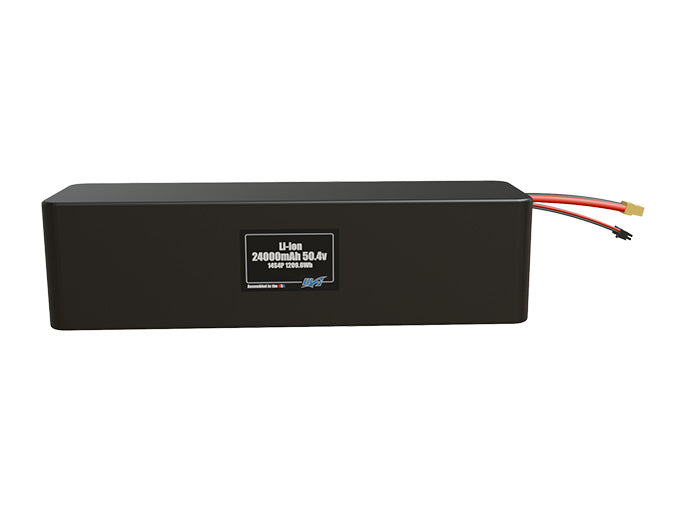 Front-facing render of the 50.4V 24000mAh 14S4P Lithium-Ion battery, assembled in the USA by maxamps, for drone and robotics applications.
