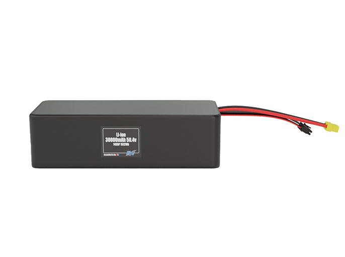 Front-facing render of the 50.4V 30000mAh 14S6P Lithium-Ion battery, assembled in the USA by maxamps, for drone and robotics applications.