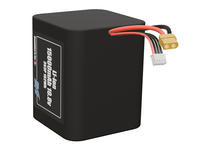 Angled product render of the 15000mAh 9-cell Lithium-ion pack. A lightweight energy source for UAV, drone, and robotic builds.