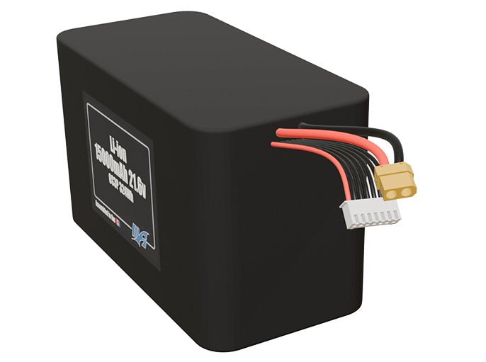 Angled product render of the 15000mAh 18-cell Lithium-ion pack. A lightweight energy source for UAV, drone, and robotic builds.
