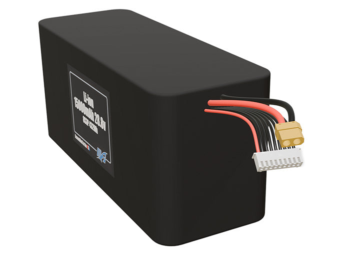 Angled product render of the 15000mAh 24-cell Lithium-ion pack. A lightweight energy source for UAV, drone, and robotic builds.