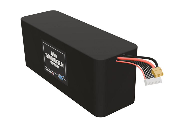 Angled product render of the 15000mAh 27-cell Lithium-ion pack. A lightweight energy source for UAV, drone, and robotic builds.