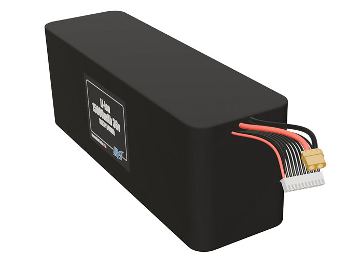 Angled product render of the 15000mAh 30-cell Lithium-ion pack. A lightweight energy source for UAV, drone, and robotic builds.