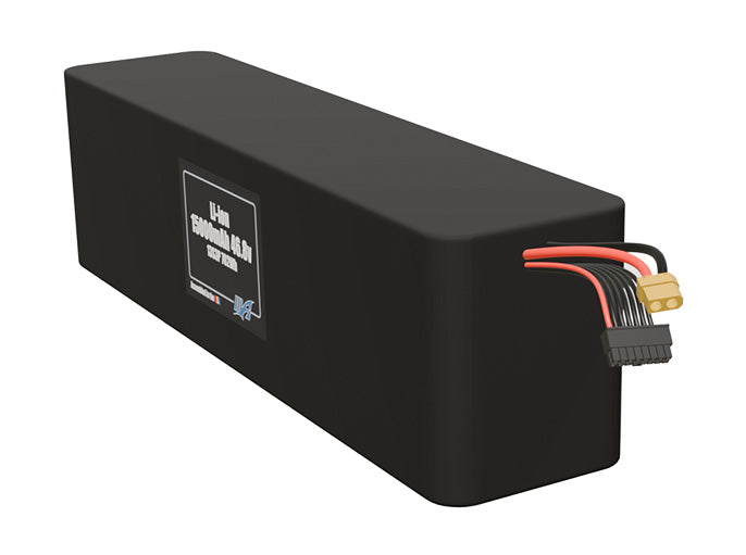 Angled product render of the 15000mAh 39-cell Lithium-ion pack. A lightweight energy source for UAV, drone, and robotic builds.