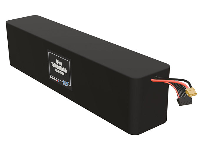 Angled product render of the 15000mAh 48-cell Lithium-ion pack. A lightweight energy source for UAV, drone, and robotic builds.