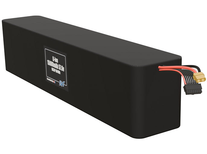 Angled product render of the 15000mAh 48-cell Lithium-ion pack. A lightweight energy source for UAV, drone, and robotic builds.