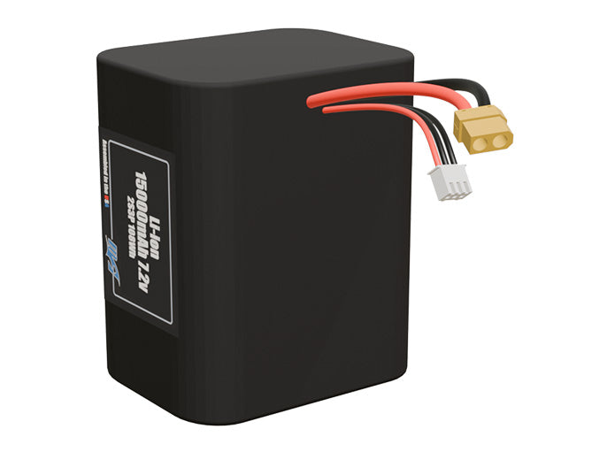 Angled product render of the 15000mAh 6-cell Lithium-ion pack. A lightweight energy source for UAV, drone, and robotic builds.