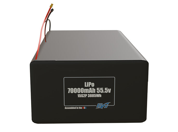 Front-facing render of the 55.5V 70000mAh 15S2P LiPo battery, assembled in the USA by maxamps, for drone and robotics applications.