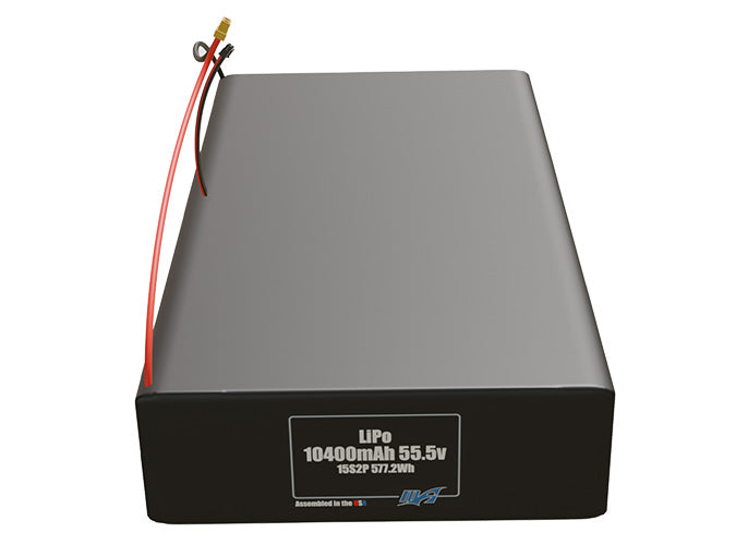 Front-facing render of the 55.5V 10400mAh 15S2P LiPo battery, assembled in the USA by maxamps, for drone and robotics applications.