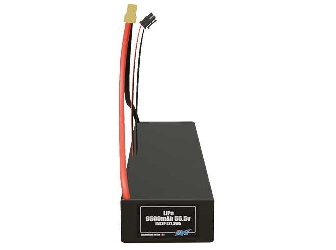 Front-facing render of the 55.5V 9500mAh 15S2P LiPo battery, assembled in the USA by maxamps, for drone and robotics applications.
