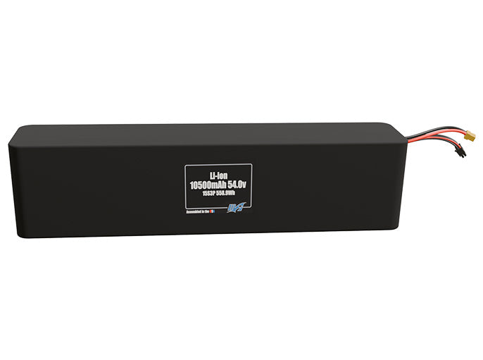 Front-facing render of the 54V 10500mAh 15S3P Li-ion battery, assembled in the USA by maxamps, for drone and robotics applications.