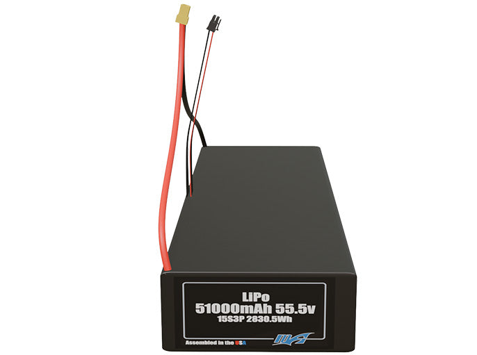 Front-facing render of the 55.5V 51000mAh 15S3P LiPo battery, assembled in the USA by maxamps, for drone and robotics applications.