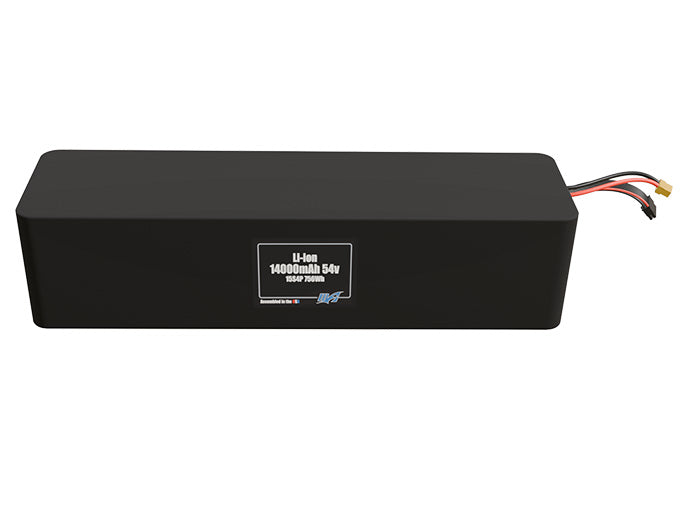 Front-facing render of the 54V 14000mAh 15S4P Lithium-Ion battery, assembled in the USA by maxamps, for drone and robotics applications.