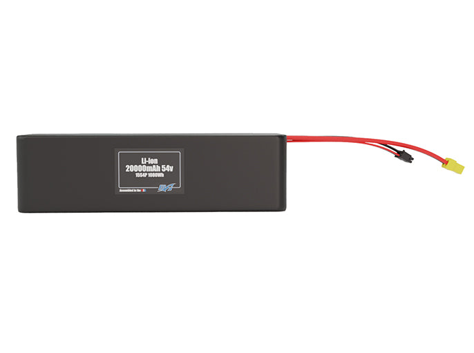 Front-facing render of the 54V 20000mAh 15S4P Lithium-Ion battery, assembled in the USA by maxamps, for drone and robotics applications.