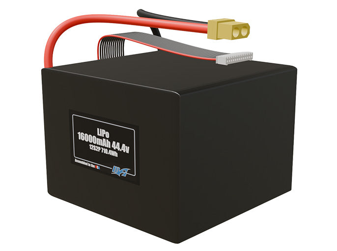 Angled product render of the 16000mAh 24-cell LiPo side-by-side pack. A lightweight energy source for UAV, drone, and robotic builds.