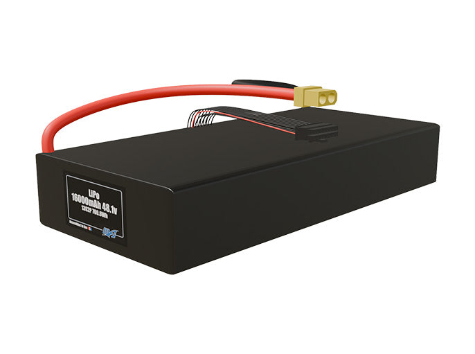 Angled product render of the 16000mAh 26-cell LiPo pack. A lightweight energy source for UAV, drone, and robotic builds.