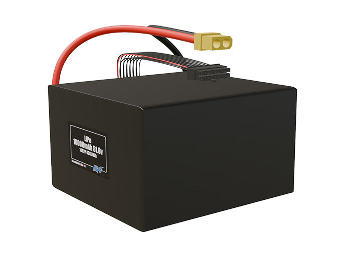 Angled product render of the 16000mAh 28-cell LiPo pack. A lightweight energy source for UAV, drone, and robotic builds.