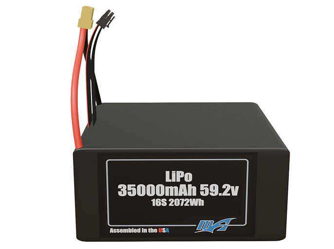 Front-facing render of the 59.2V 35000mAh 16S LiPo battery, assembled in the USA by maxamps, for drone and robotics applications.