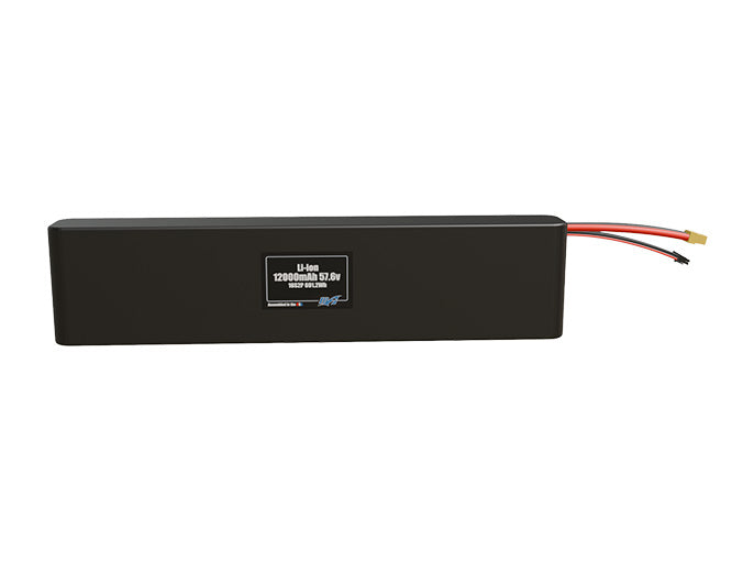 Front-facing render of the 57.6V 12000mAh 16S2P Li-ion battery, assembled in the USA by maxamps, for drone and robotics applications.