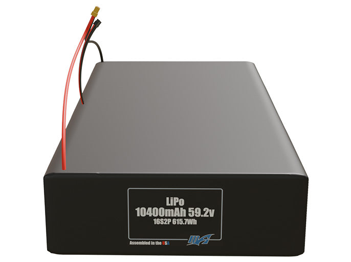 Front-facing render of the 59.2V 10400mAh 16S2P LiPo battery, assembled in the USA by maxamps, for drone and robotics applications.