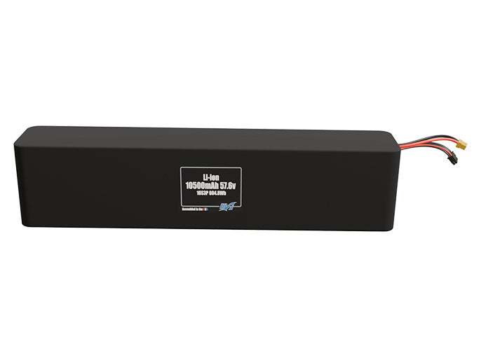 Front-facing render of the 57.6V 10500mAh 16S3P Li-ion battery, assembled in the USA by maxamps, for drone and robotics applications.