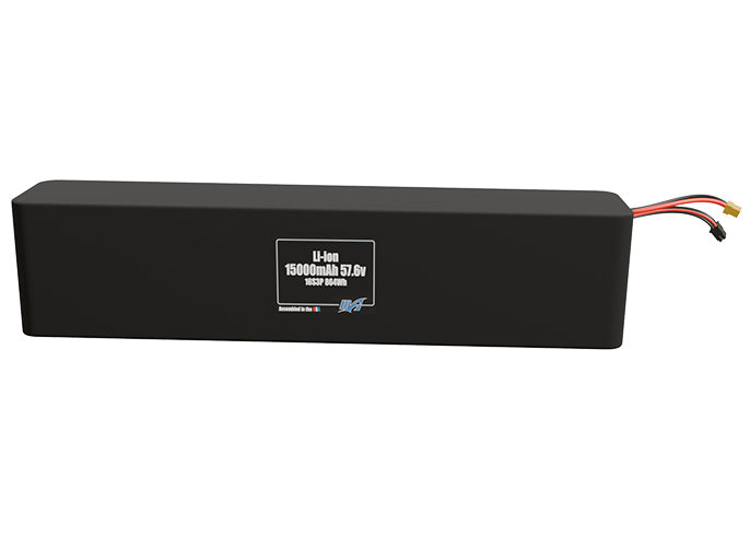 Front-facing render of the 57.6V 15000mAh 16S3P Lithium-Ion battery, assembled in the USA by maxamps, for drone and robotics applications.