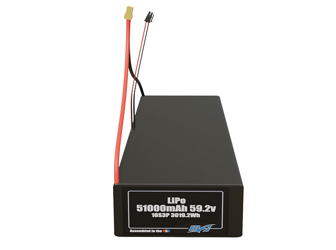 Front-facing render of the 59.2V 51000mAh 16S3P LiPo battery, assembled in the USA by maxamps, for drone and robotics applications.