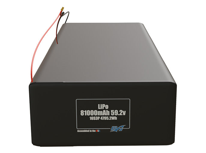 Front-facing render of the 59.2V 81000mAh 16S3P LiPo battery, assembled in the USA by maxamps, for drone and robotics applications.