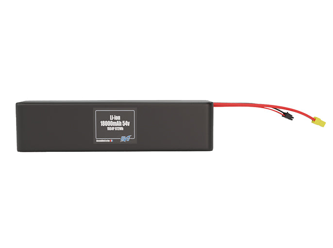 Front-facing render of the 54V 18000mAh 16S4P Lithium-Ion battery, assembled in the USA by maxamps, for drone and robotics applications.