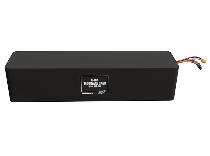 Front-facing render of the 57.6V 14000mAh 16S4P Lithium-Ion battery, assembled in the USA by maxamps, for drone and robotics applications.