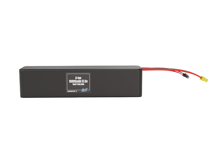 Front-facing render of the 57.6V 18000mAh 16S4P Lithium-Ion battery, assembled in the USA by maxamps, for drone and robotics applications.