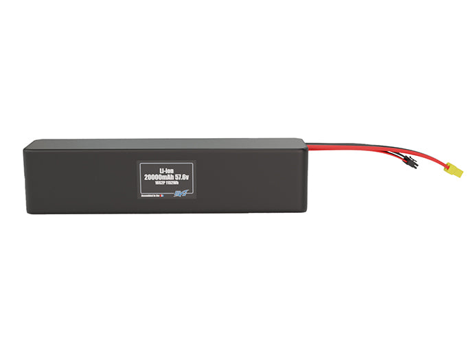 Front-facing render of the 57.6V 20000mAh 16S4P Lithium-Ion battery, assembled in the USA by maxamps, for drone and robotics applications.
