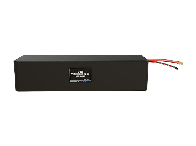 Front-facing render of the 57.6V 25000mAh 16S5P Lithium-Ion battery, assembled in the USA by maxamps, for drone and robotics applications.