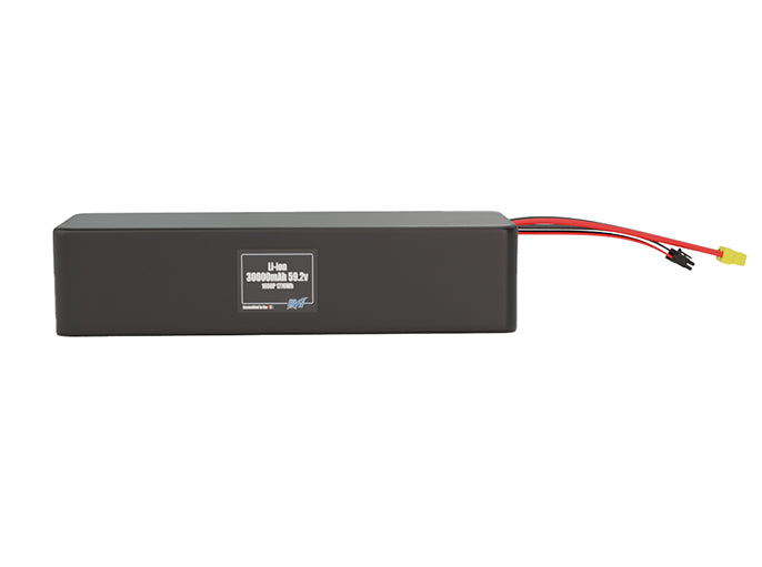 Front-facing render of the 59.2V 30000mAh 16S6P Lithium-Ion battery, assembled in the USA by maxamps, for drone and robotics applications.