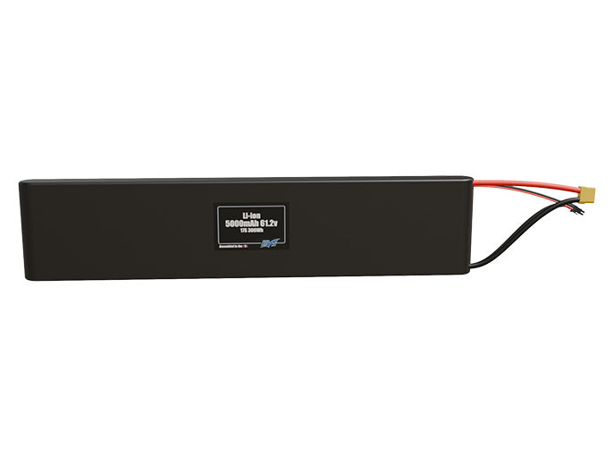 Front-facing render of the 61.2V 5000mAh 17S Li-ion battery, assembled in the USA by maxamps, for drone and robotics applications.