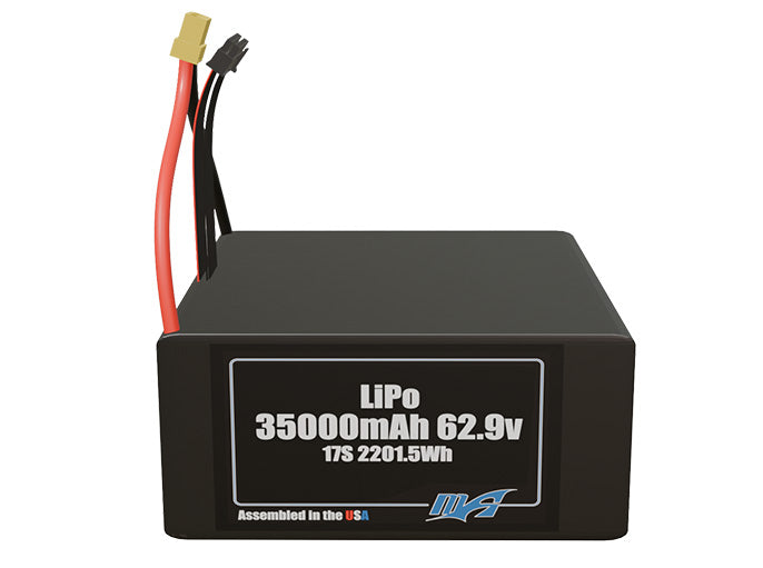 Front-facing render of the 62.9V 35000mAh 17S LiPo battery, assembled in the USA by maxamps, for drone and robotics applications.