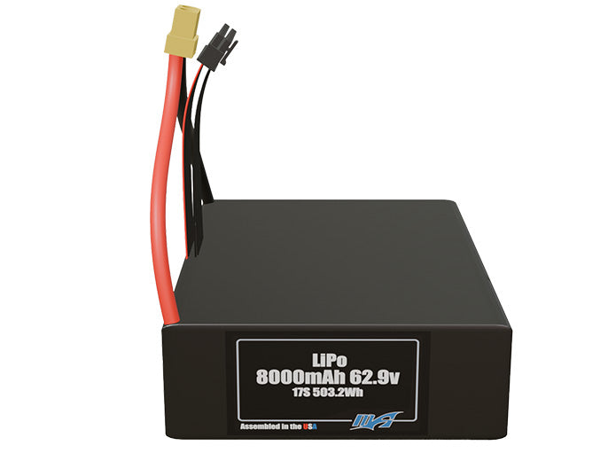Front-facing render of the 62.9v 8000mAh 17S Lithium-polymer battery, assembled in the USA by maxamps, for drone and robotics applications.